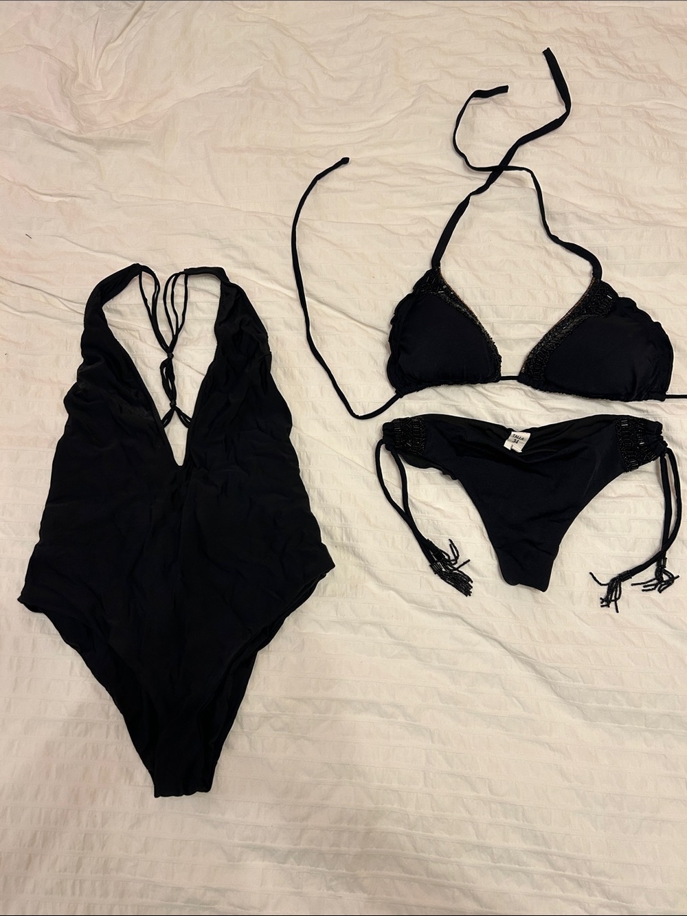 2 Black Swimsuits - Bikini Set & Deep V One-Piece Swimsuit